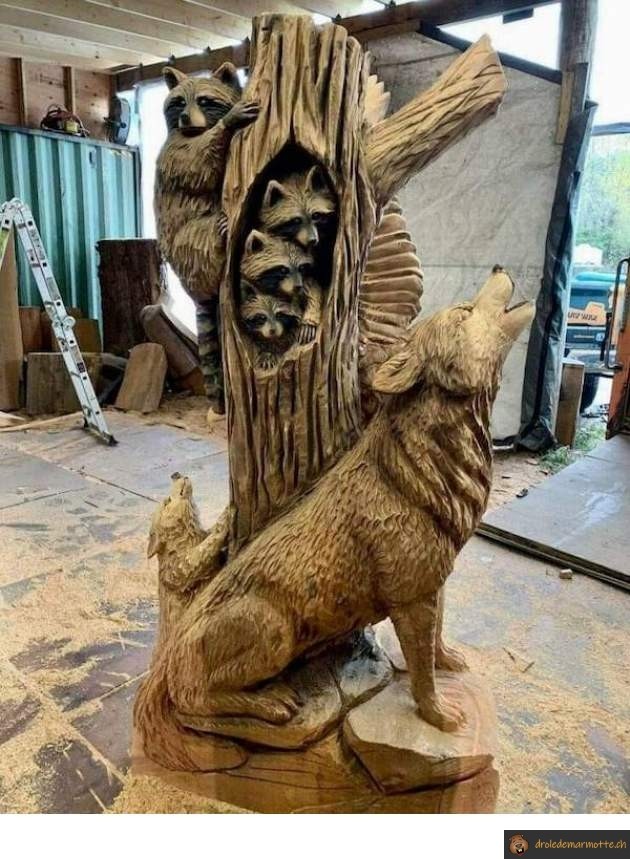 Sculpture bois loup raton